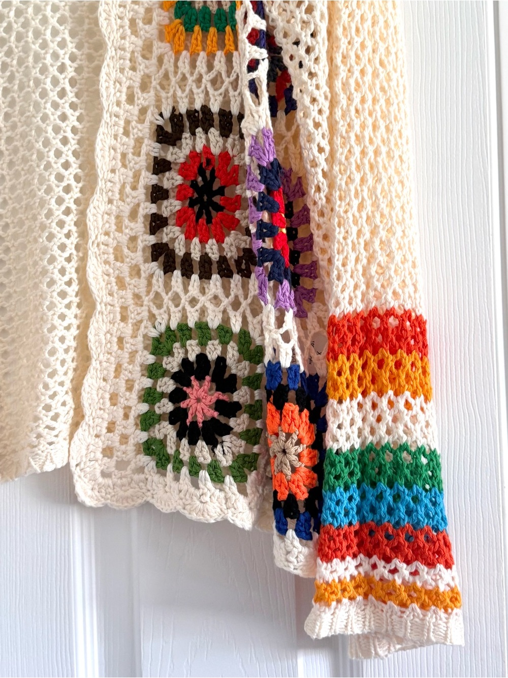 Cream Crochet Open Cardigan with Multicolor Granny Squares XL - Picture 5 of 6